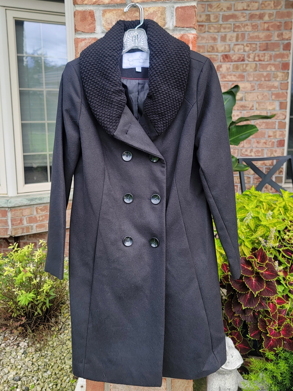 Jessica Simpson Long Black Double-Breasted Pea Coat with Textured Shawl Collar - Picture 3 of 10